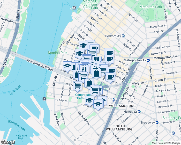 map of restaurants, bars, coffee shops, grocery stores, and more near 152 South 4th Street in Brooklyn