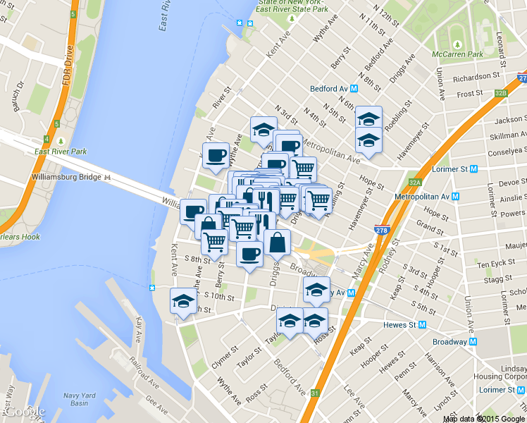 map of restaurants, bars, coffee shops, grocery stores, and more near in Brooklyn
