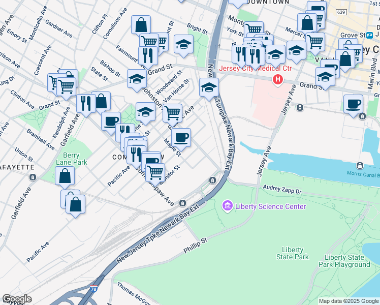 map of restaurants, bars, coffee shops, grocery stores, and more near 56 Maple Street in Jersey City