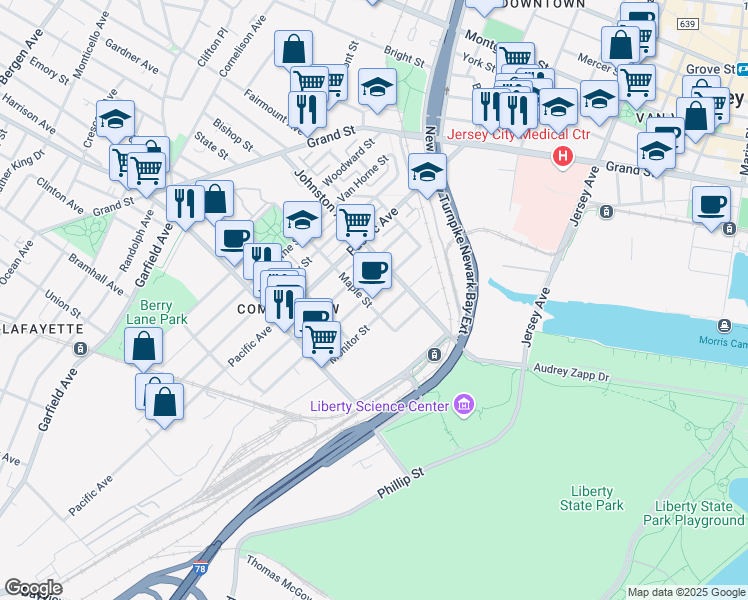 map of restaurants, bars, coffee shops, grocery stores, and more near 56 Maple Street in Jersey City