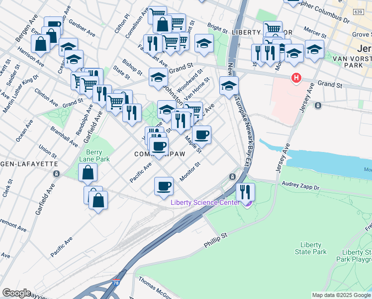 map of restaurants, bars, coffee shops, grocery stores, and more near 248 Pine Street in Jersey City