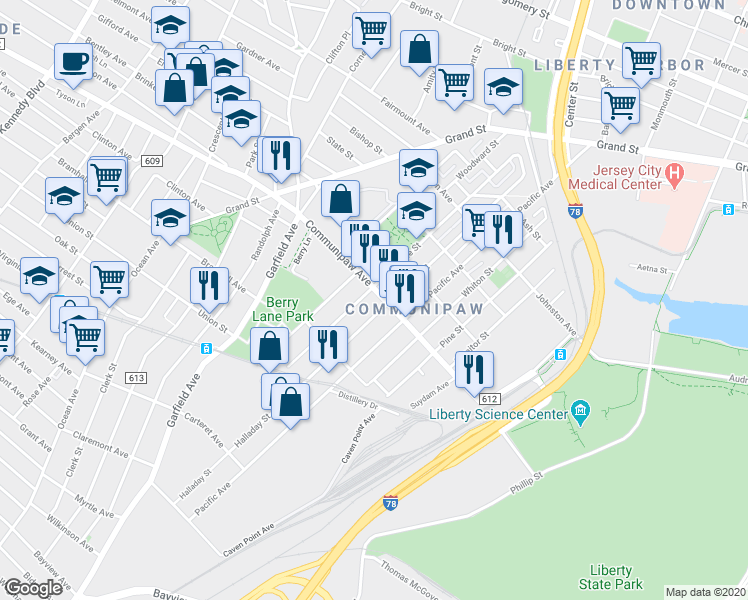 map of restaurants, bars, coffee shops, grocery stores, and more near in Jersey City