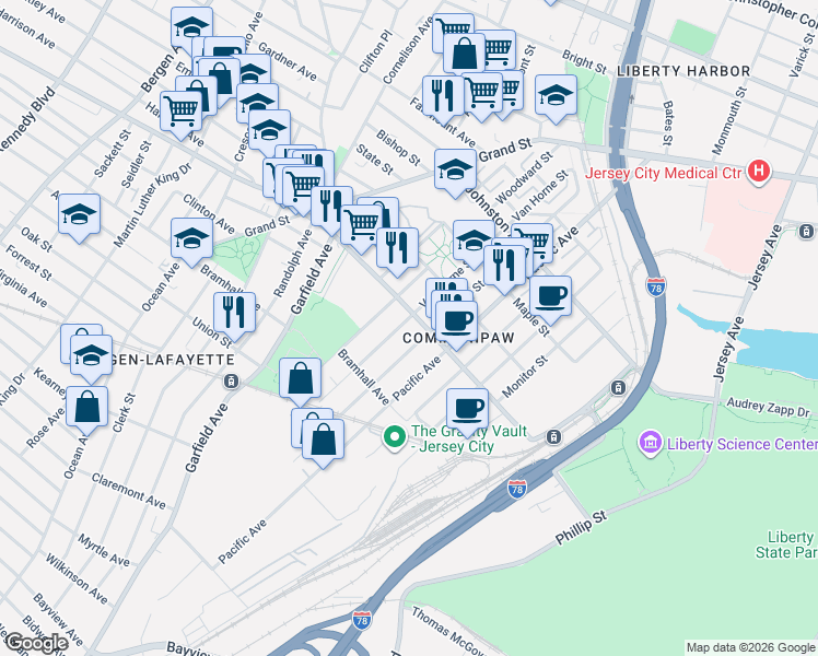 map of restaurants, bars, coffee shops, grocery stores, and more near in Jersey City