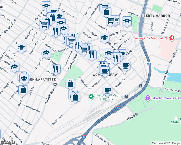 map of restaurants, bars, coffee shops, grocery stores, and more near 163 Van Horne Street in Jersey City