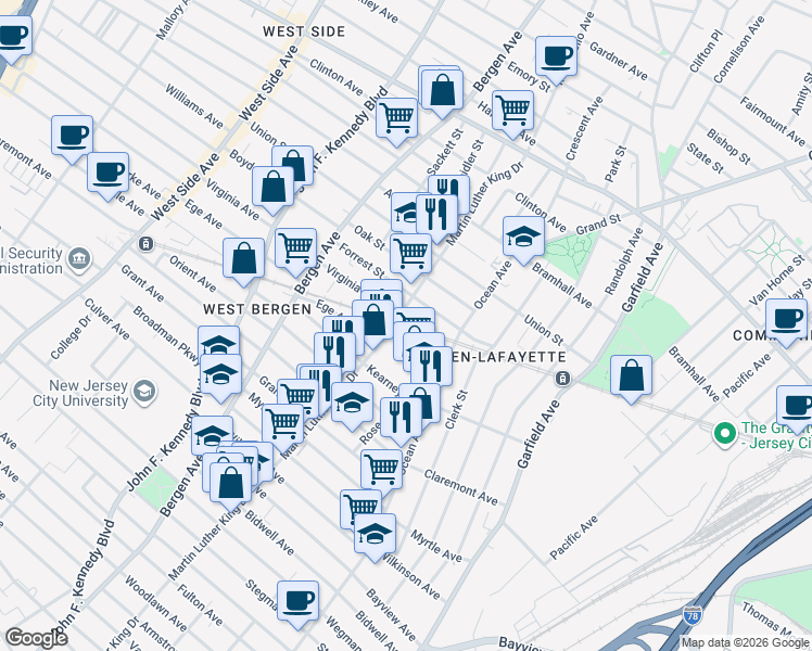map of restaurants, bars, coffee shops, grocery stores, and more near 360 Martin Luther King Drive in Jersey City