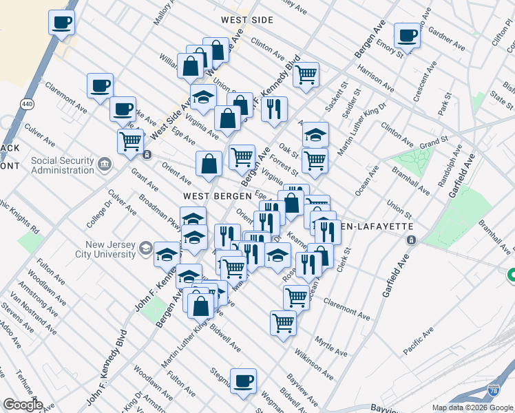 map of restaurants, bars, coffee shops, grocery stores, and more near 104 Orient Avenue in Jersey City