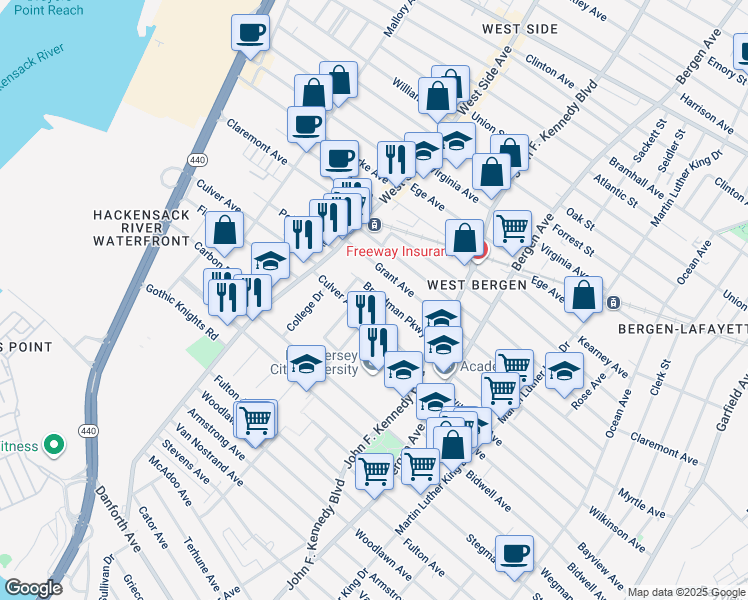 map of restaurants, bars, coffee shops, grocery stores, and more near 71 Culver Avenue in Jersey City