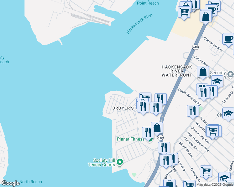 map of restaurants, bars, coffee shops, grocery stores, and more near 1 Kissam Court in Jersey City