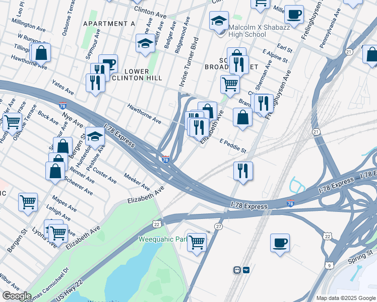 map of restaurants, bars, coffee shops, grocery stores, and more near 320 Elizabeth Avenue in Newark