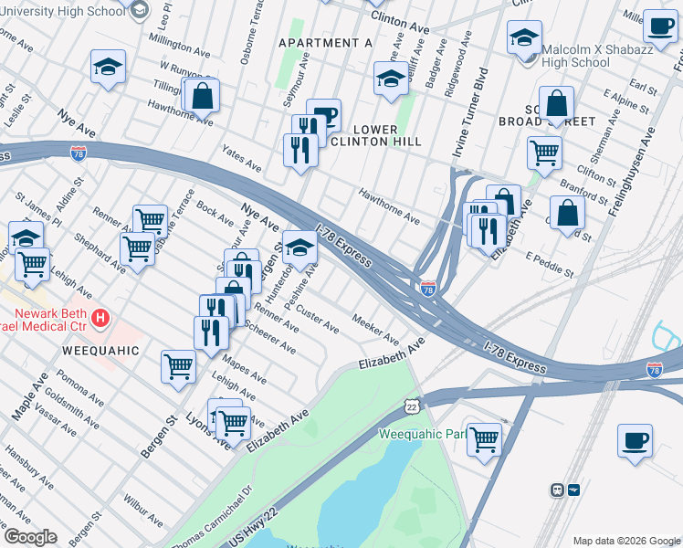 map of restaurants, bars, coffee shops, grocery stores, and more near 349 Ridgewood Avenue in Newark