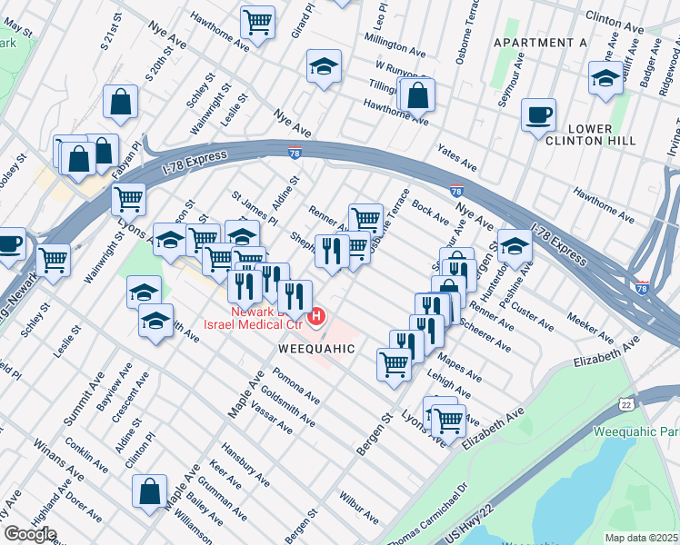 map of restaurants, bars, coffee shops, grocery stores, and more near 176 Huntington Terrace in Newark