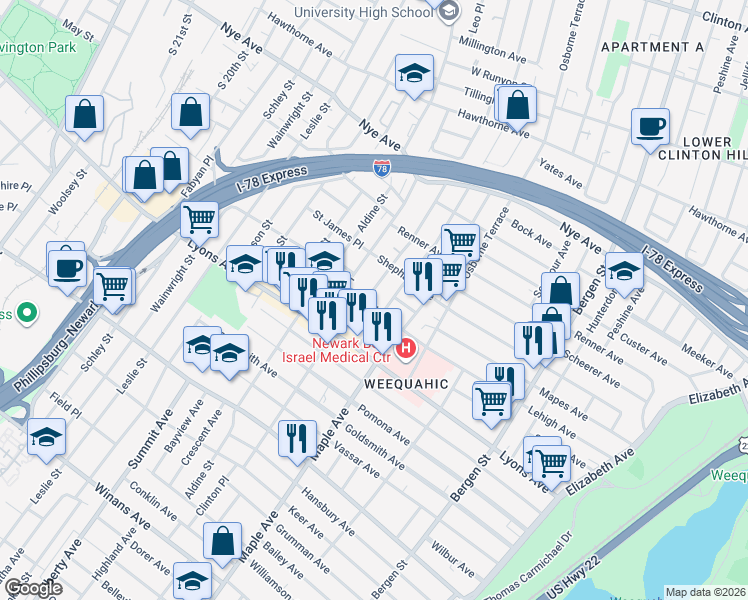 map of restaurants, bars, coffee shops, grocery stores, and more near 203 Schuyler Avenue in Newark