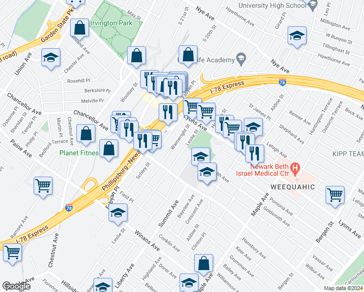 map of restaurants, bars, coffee shops, grocery stores, and more near 375 Leslie Street in Newark