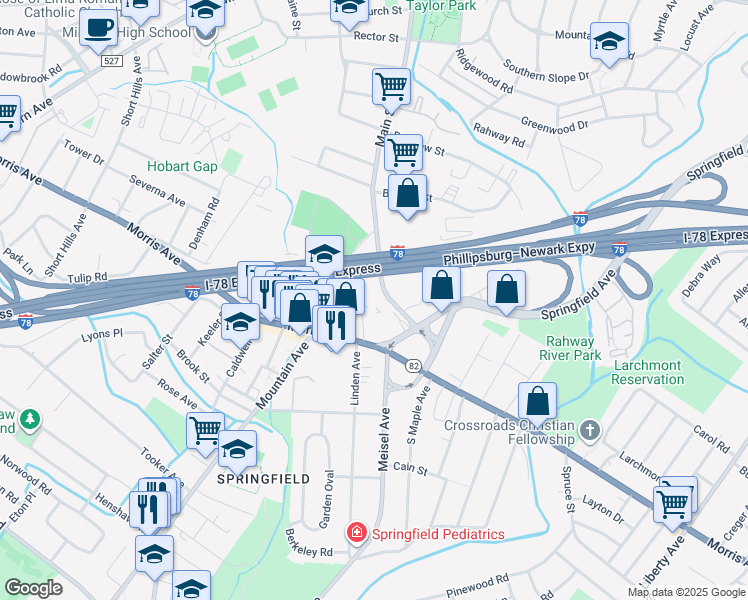 map of restaurants, bars, coffee shops, grocery stores, and more near 20 Black's Lane in Springfield