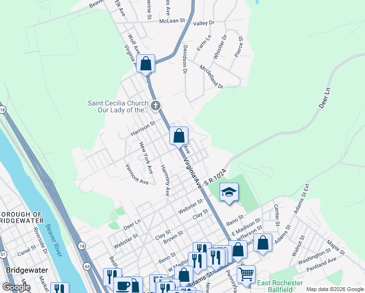 map of restaurants, bars, coffee shops, grocery stores, and more near 538 Virginia Avenue in Rochester