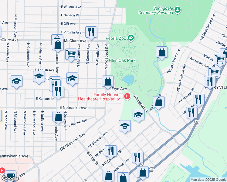 map of restaurants, bars, coffee shops, grocery stores, and more near 1309 East Hillcrest Place in Peoria