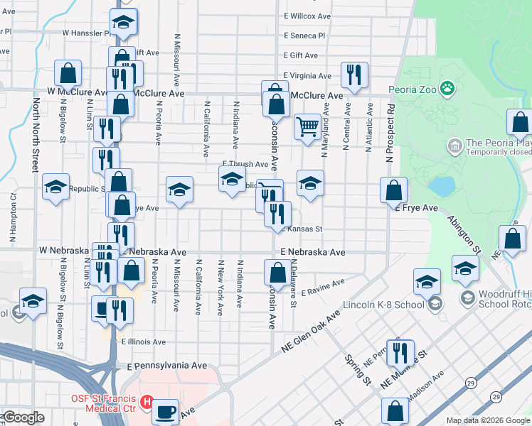 map of restaurants, bars, coffee shops, grocery stores, and more near 728 East Frye Avenue in Peoria