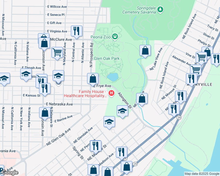 map of restaurants, bars, coffee shops, grocery stores, and more near 1324-1398 Abington St in Peoria