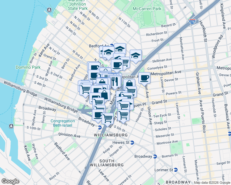 map of restaurants, bars, coffee shops, grocery stores, and more near 64 Marcy Avenue in Brooklyn