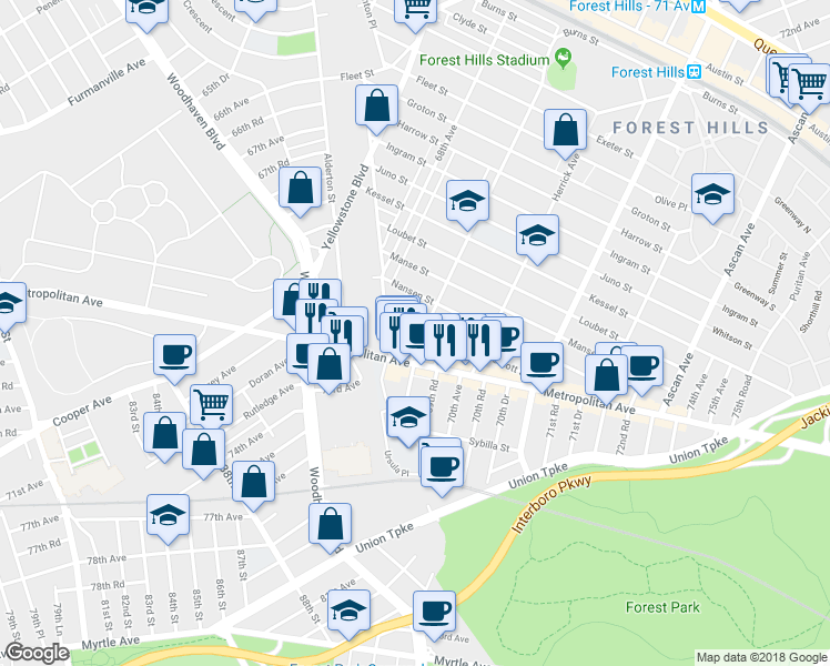 map of restaurants, bars, coffee shops, grocery stores, and more near 88-31 69th Avenue in Queens