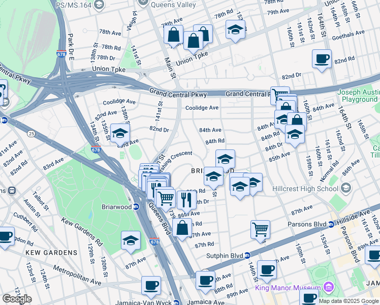 map of restaurants, bars, coffee shops, grocery stores, and more near 84-82 Lander Street in Queens