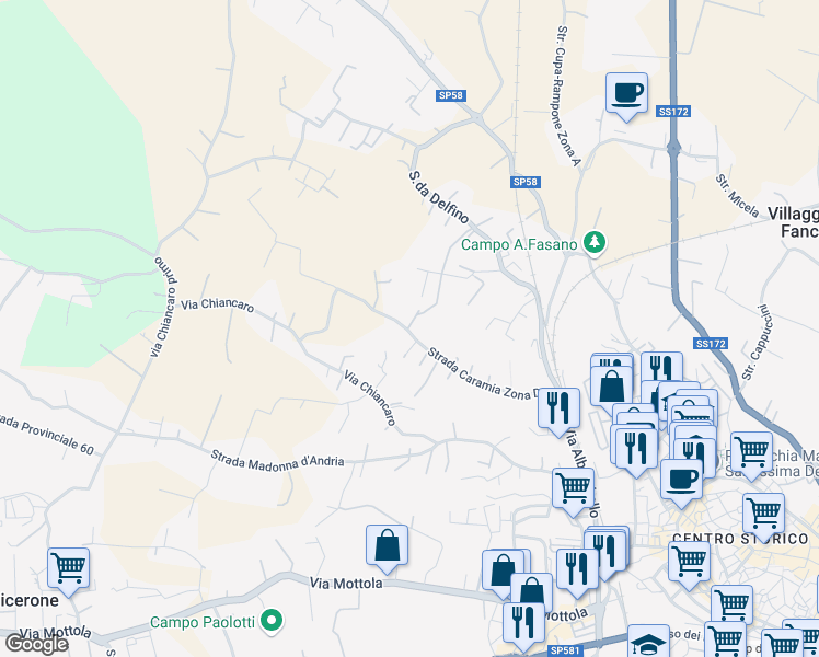 map of restaurants, bars, coffee shops, grocery stores, and more near 35 Strada Caramia Zona D in Martina Franca