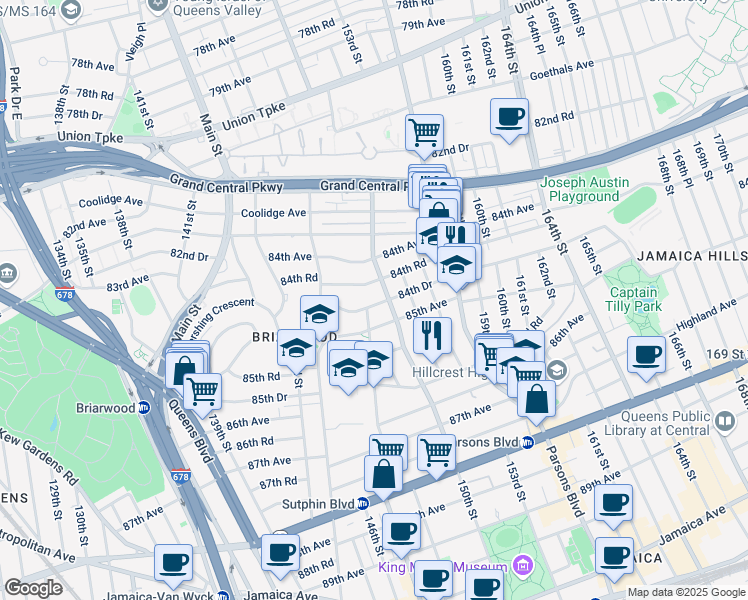 map of restaurants, bars, coffee shops, grocery stores, and more near 147-50 84th Drive in Queens