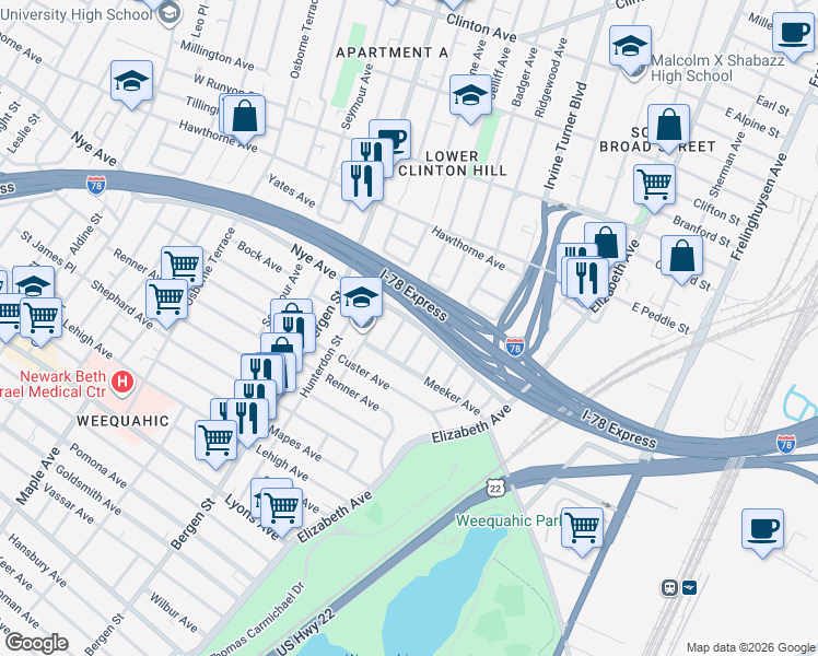map of restaurants, bars, coffee shops, grocery stores, and more near 323-325 Meeker Avenue in Newark