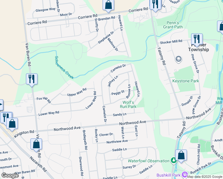 map of restaurants, bars, coffee shops, grocery stores, and more near 1317 Jeffrey Lane in Easton