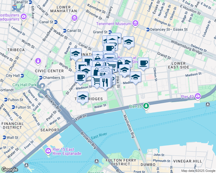 map of restaurants, bars, coffee shops, grocery stores, and more near 55 Monroe Street in New York