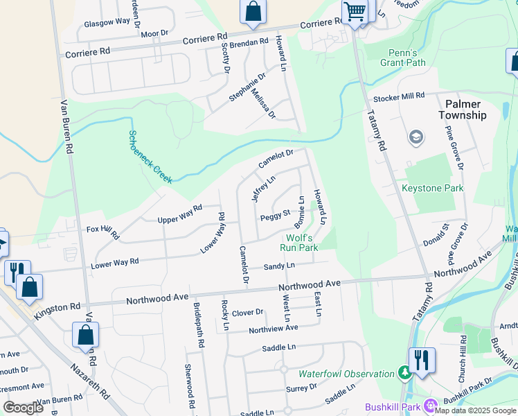 map of restaurants, bars, coffee shops, grocery stores, and more near 1317 Jeffrey Lane in Easton