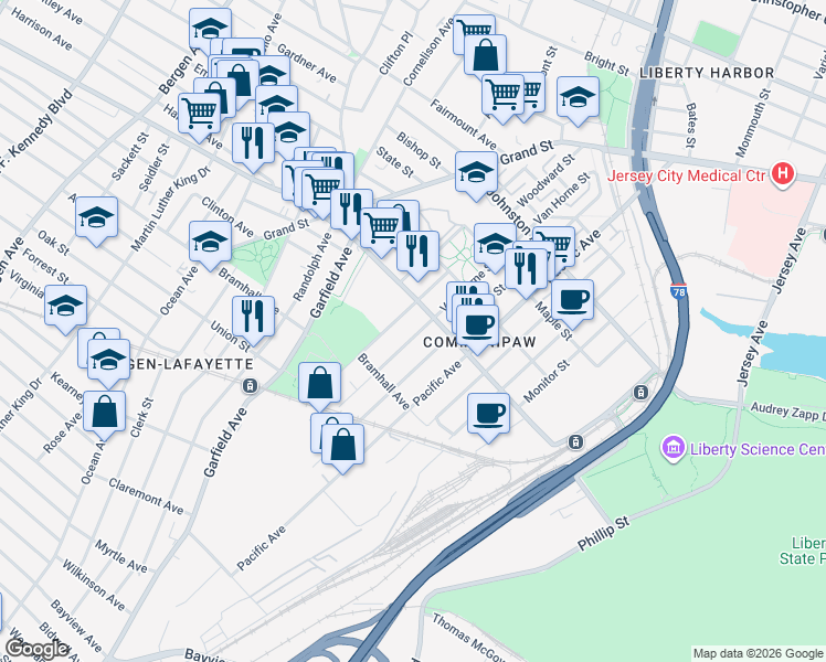 map of restaurants, bars, coffee shops, grocery stores, and more near 163 Van Horne Street in Jersey City