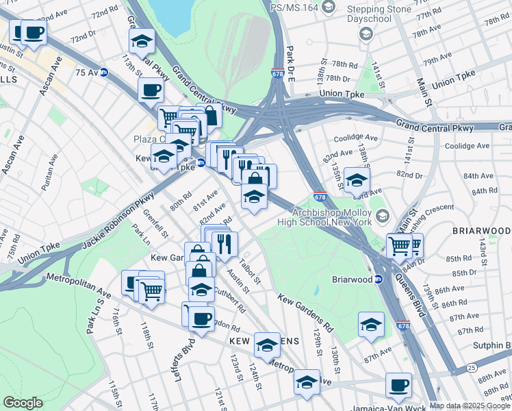 map of restaurants, bars, coffee shops, grocery stores, and more near 123-35 82nd Road in Queens