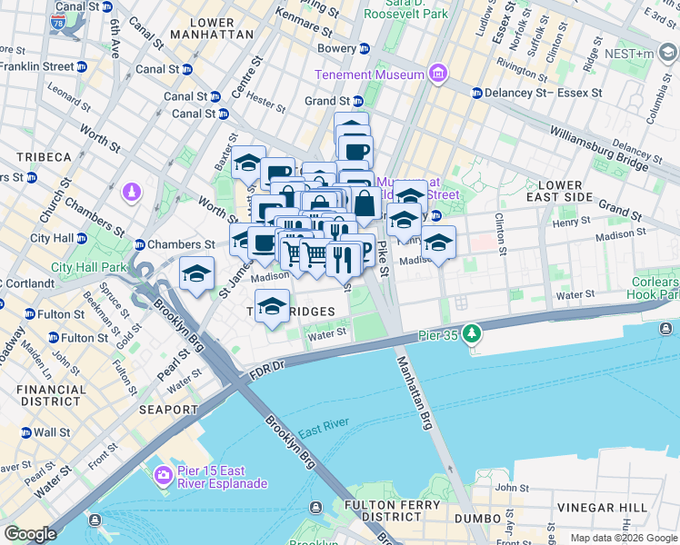 map of restaurants, bars, coffee shops, grocery stores, and more near 34 Monroe Street in New York