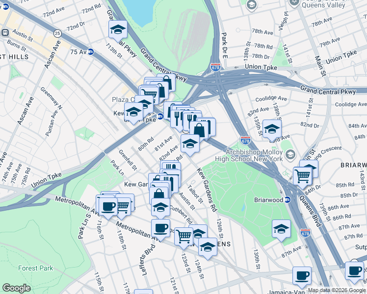 map of restaurants, bars, coffee shops, grocery stores, and more near 123-25 82nd Avenue in Queens