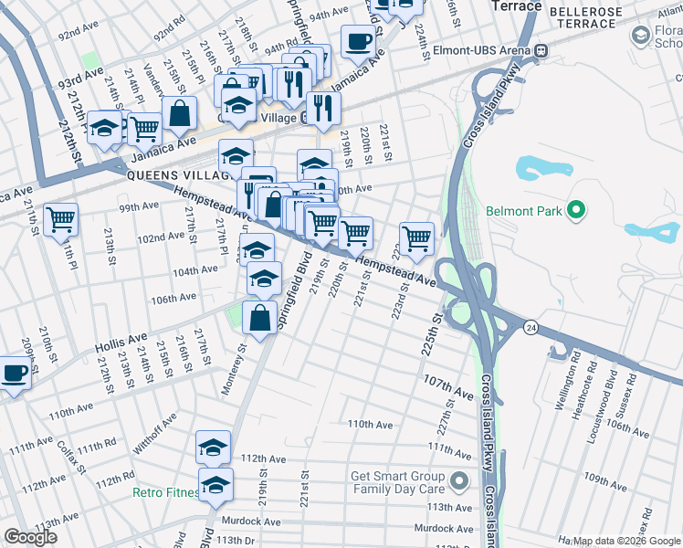 map of restaurants, bars, coffee shops, grocery stores, and more near 220-15 104th Avenue in Queens