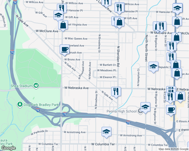 map of restaurants, bars, coffee shops, grocery stores, and more near 1918 N Broadway St in Peoria