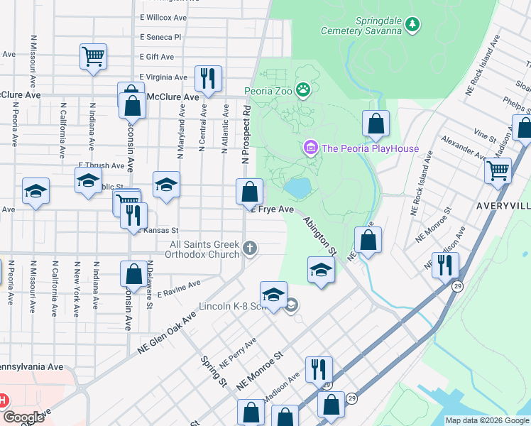 map of restaurants, bars, coffee shops, grocery stores, and more near 1333 East Hillcrest Place in Peoria