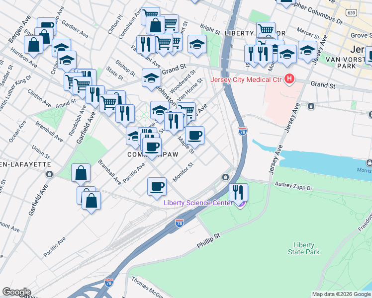 map of restaurants, bars, coffee shops, grocery stores, and more near 248 Pine Street in Jersey City