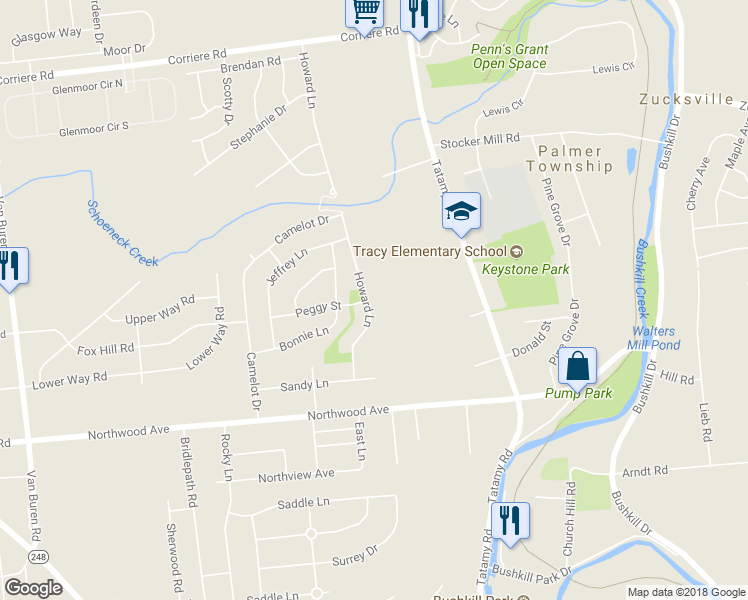 map of restaurants, bars, coffee shops, grocery stores, and more near 1326 Howard Lane in Easton
