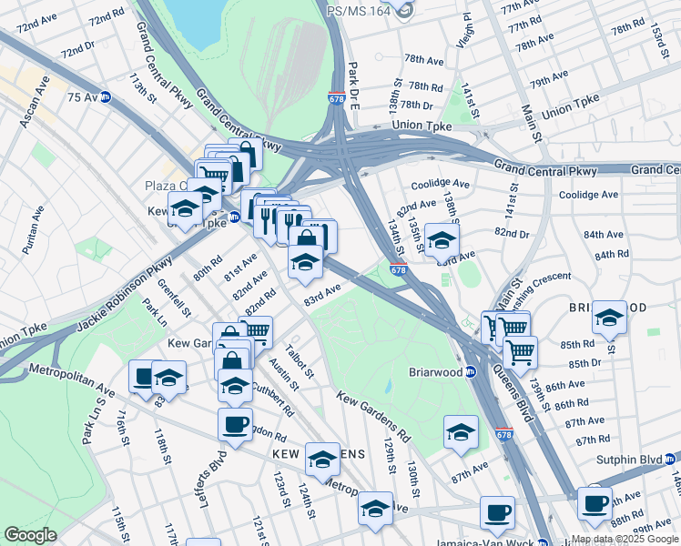 map of restaurants, bars, coffee shops, grocery stores, and more near 126-0 Queens Boulevard in Queens