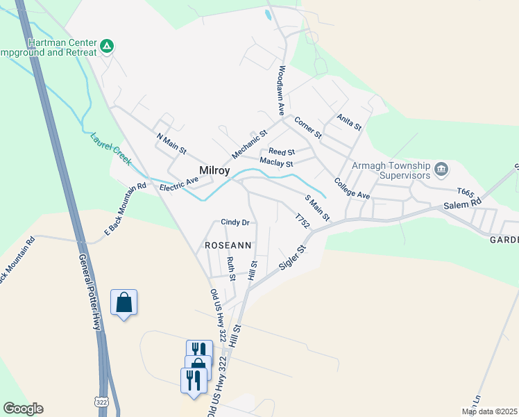 map of restaurants, bars, coffee shops, grocery stores, and more near 130 Hill Street in Milroy