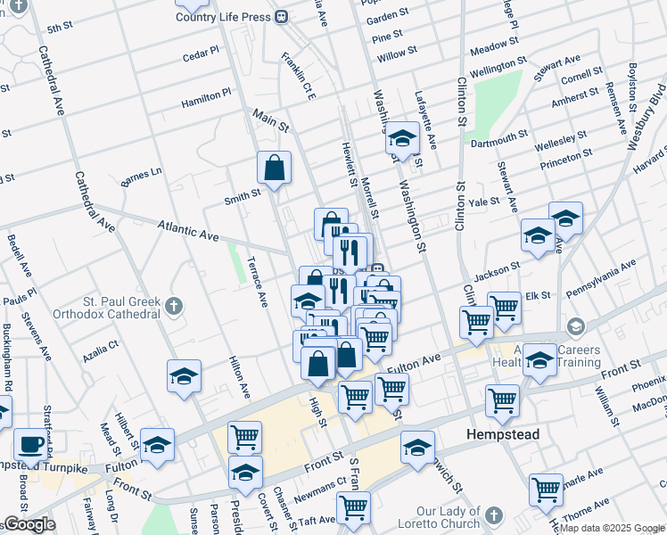 map of restaurants, bars, coffee shops, grocery stores, and more near 19 West Columbia Street in Hempstead