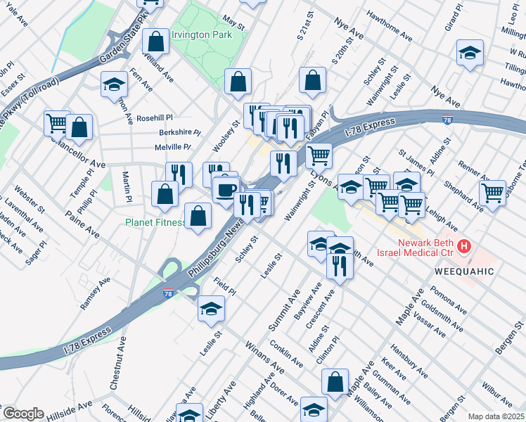 map of restaurants, bars, coffee shops, grocery stores, and more near 294 Schley Street in Newark