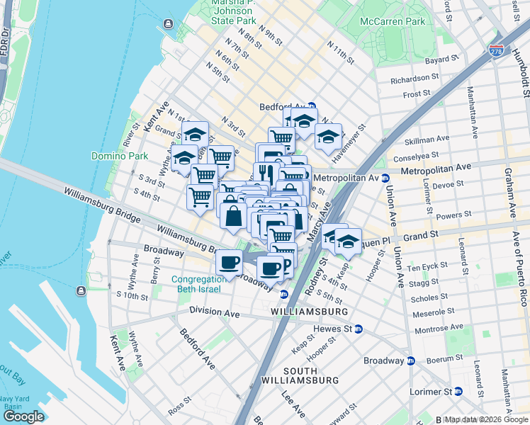 map of restaurants, bars, coffee shops, grocery stores, and more near Roebling Street & South 2nd Street in Brooklyn