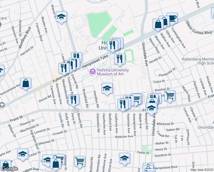 map of restaurants, bars, coffee shops, grocery stores, and more near Hofstra University in Hempstead