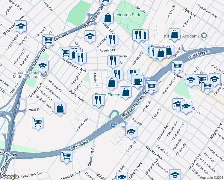 map of restaurants, bars, coffee shops, grocery stores, and more near 404 Coit Street in Irvington