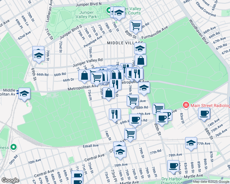 map of restaurants, bars, coffee shops, grocery stores, and more near 67-28 78th Street in Queens