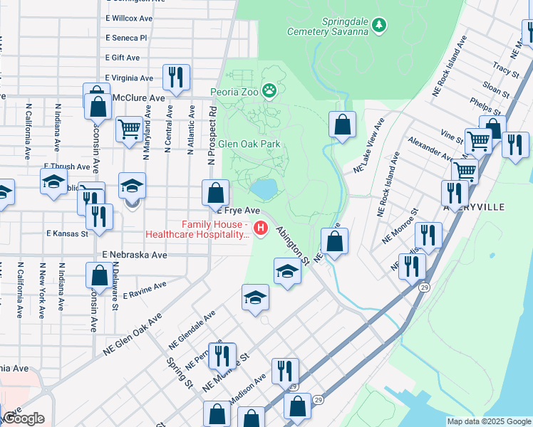 map of restaurants, bars, coffee shops, grocery stores, and more near 1324 Abington Street in Peoria