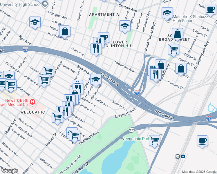 map of restaurants, bars, coffee shops, grocery stores, and more near 323-325 Meeker Avenue in Newark